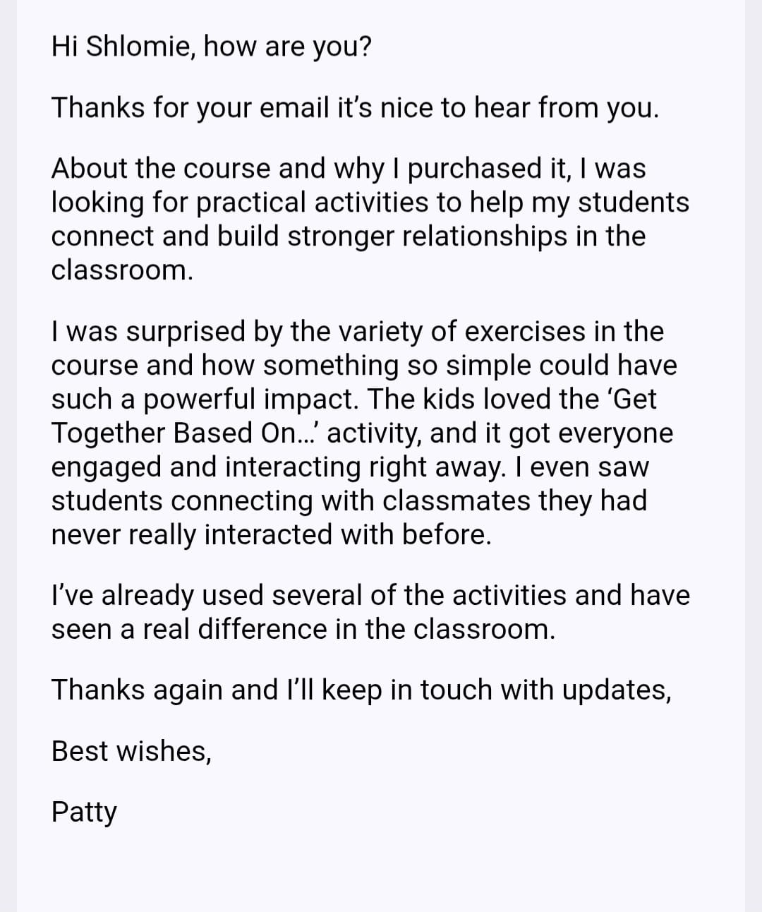 Student review screenshot from Patty B. about classroom connection exercises